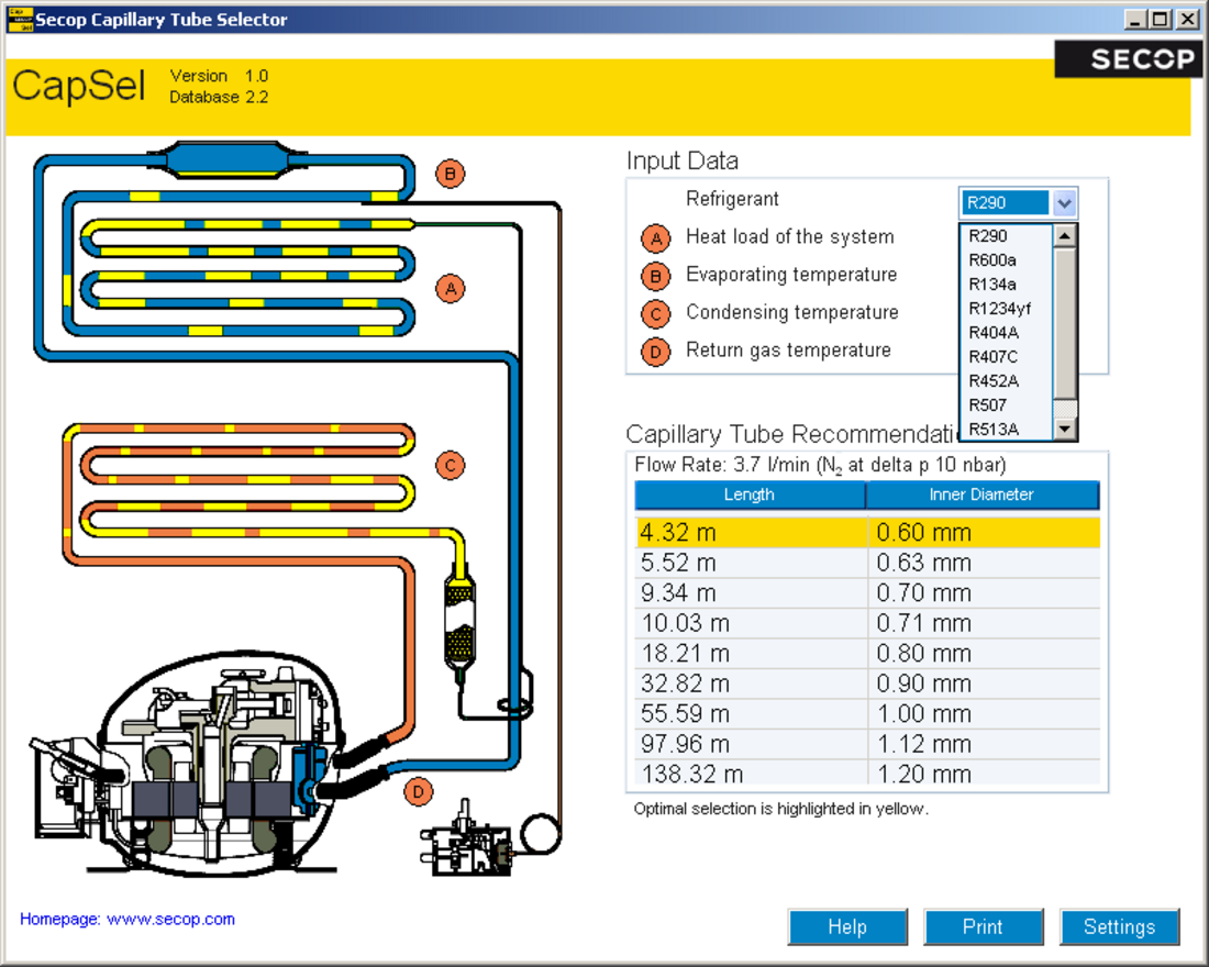 Secop Capillary Tube Selection Software