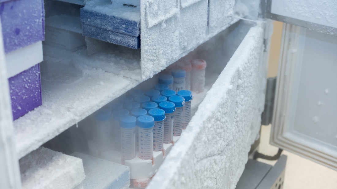 An open freezer with a pallet of laboratory bottles with blue lids.